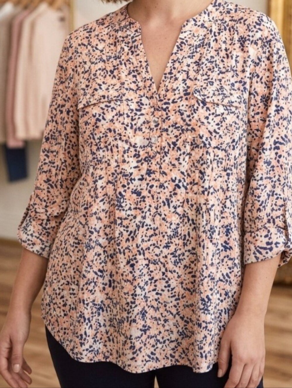 Printed Peasant Blouse in Peach and Navy - Women's Top